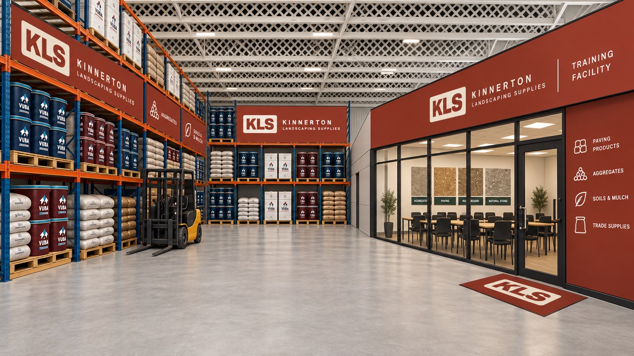 Interior of the Kinnerton Landscaping Supplies unit with racked stock, VUBA drums and a glass-fronted training room