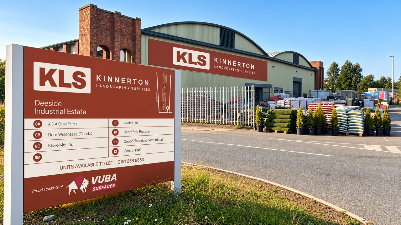 Kinnerton Landscaping Supplies directory sign at the roadside with the yard and unit behind