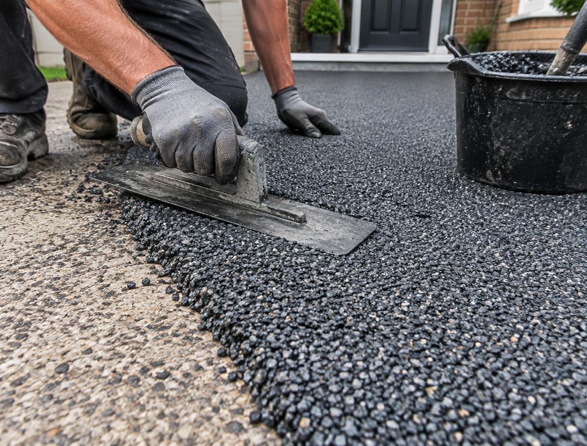 Installer trowelling wet dark grey resin-bound aggregate onto the driveway