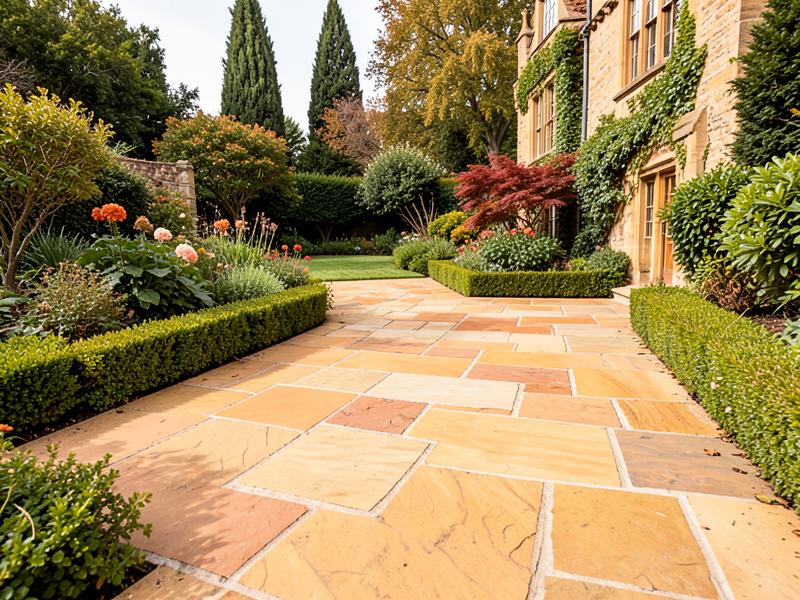 Natural sandstone paving in a traditional garden