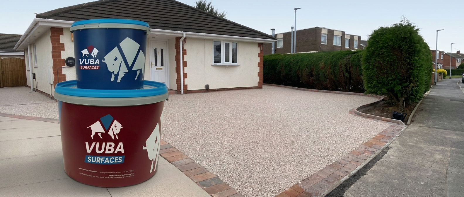 Illustrative VUBA binder tubs alongside a finished resin-bound driveway