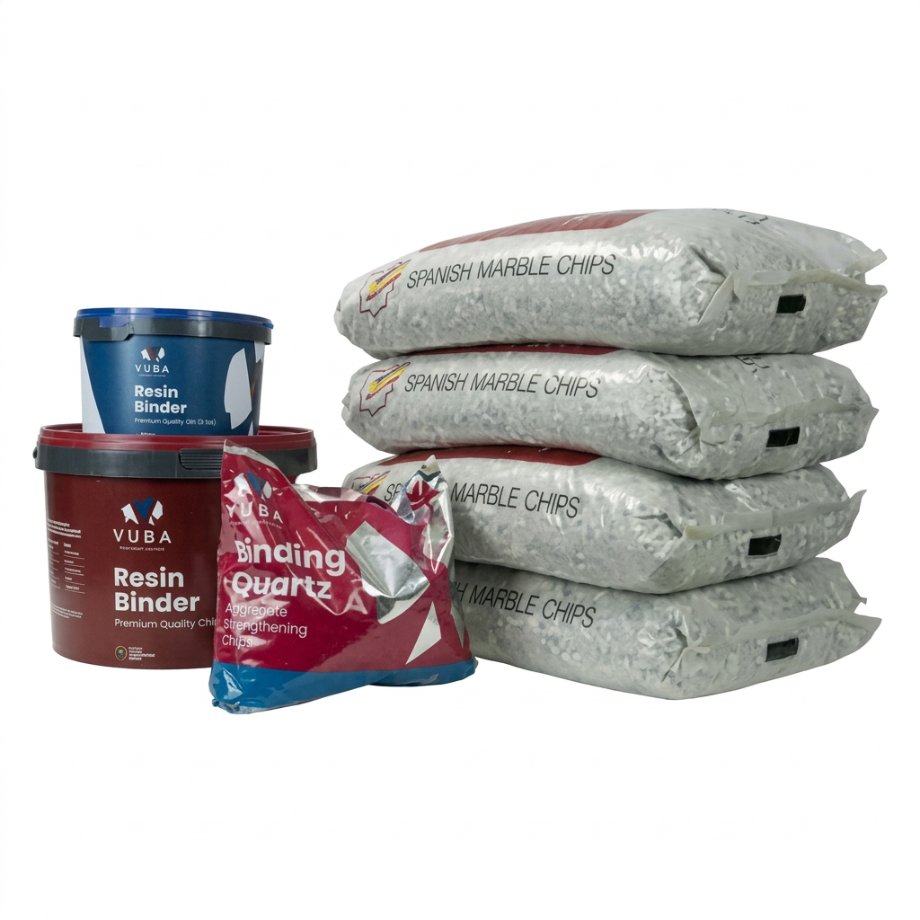 VUBA resin bound kit contents: four aggregate bags, binding sand and resin binder