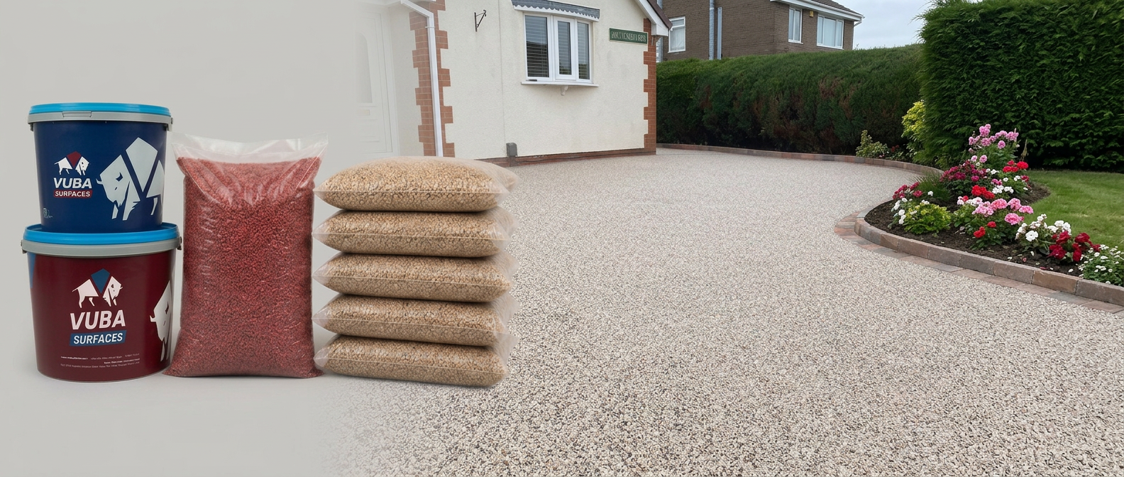 Illustrative VUBA resin kit and aggregate bags alongside a finished resin-bound driveway