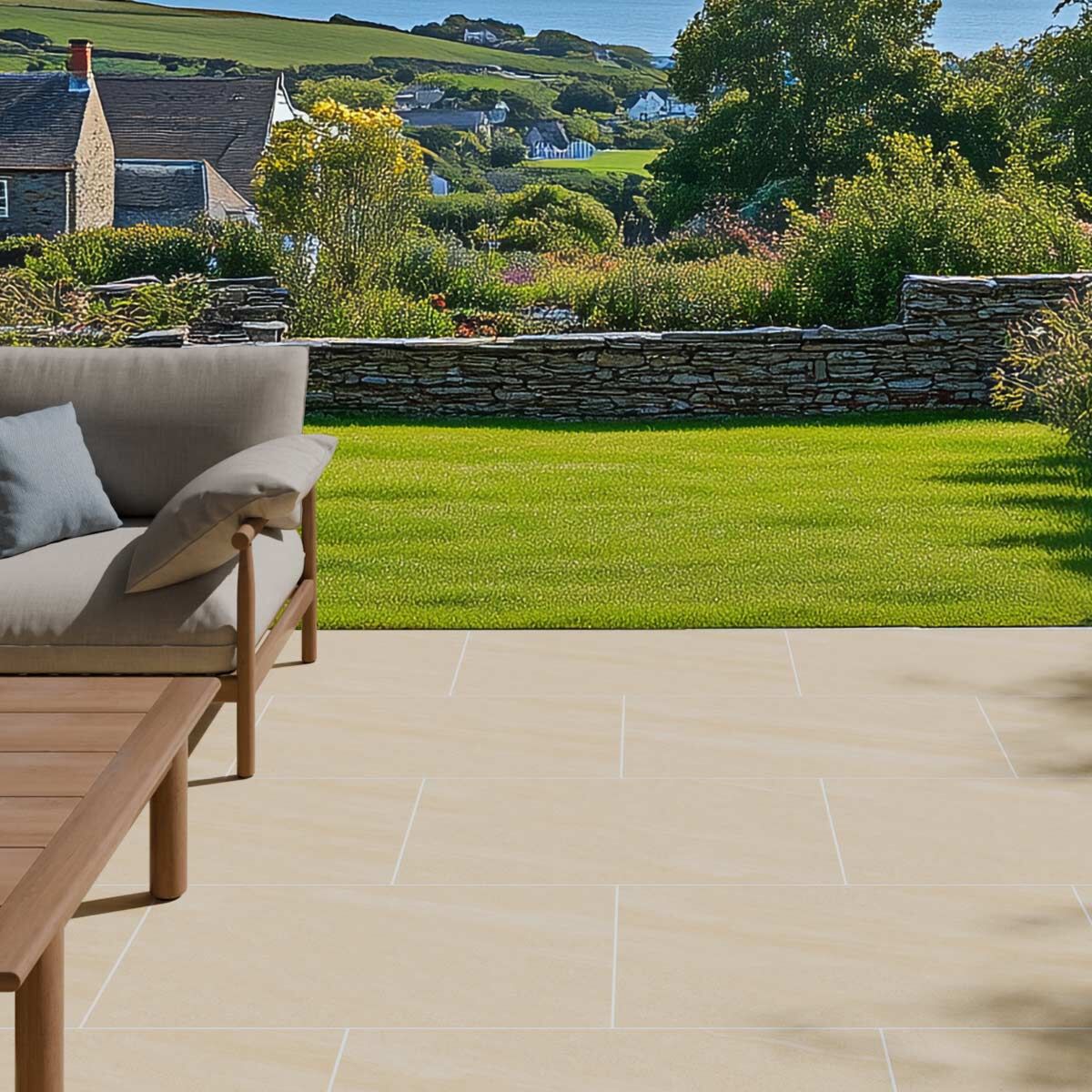 Lulworth Stone 900 x 600 x 20 mm Light Buff Stone-Effect Porcelain Paving Slabs