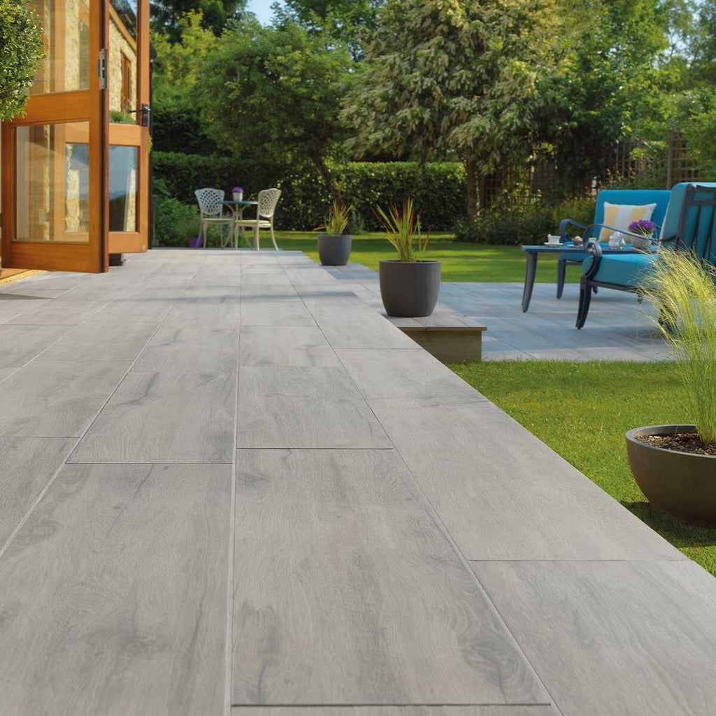 Deckwood Ash - Wood-Effect Porcelain Plank Paving Slabs (1200 x 295 mm)