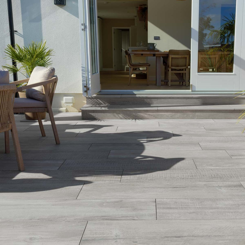 Deckwood Ash - Wood-Effect Porcelain Plank Paving Slabs (1200 x 295 mm)